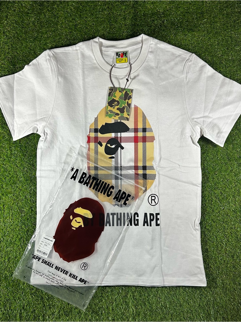 Bape White Tee with Plaid Yellow & Red Ape Head Graphics